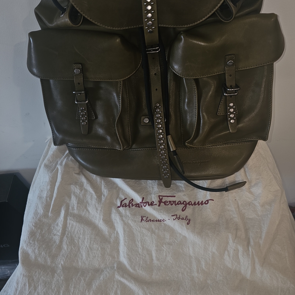 Salvatore Ferragamo Khaki Leather Backpack